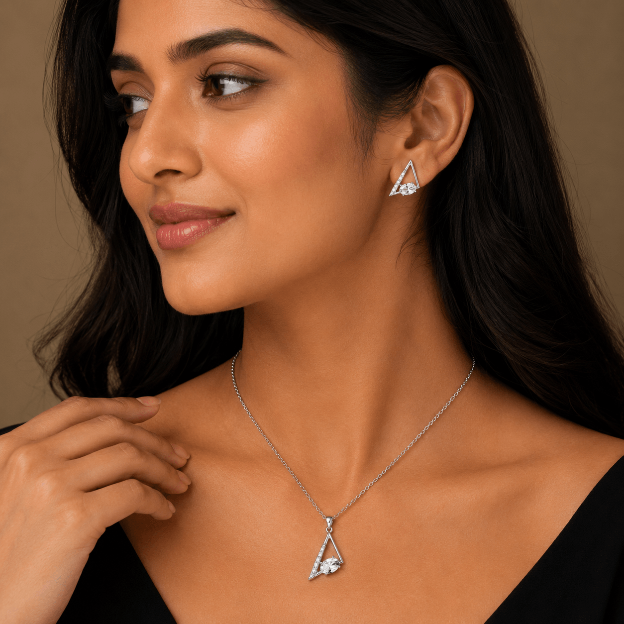 Modern Triangle Crystal Pendant Set