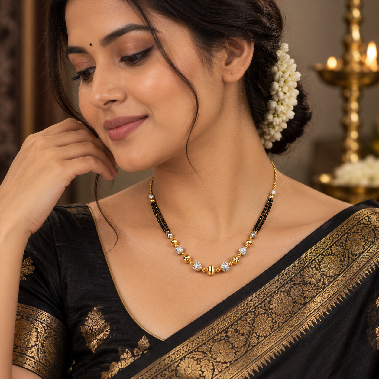 Gold-Plated Black Beaded Mangalsutra 925 Sterling Silver