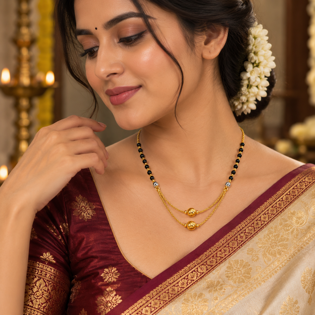Gold Plated Double Layered Black Beaded Mangalsutra 925 Silver
