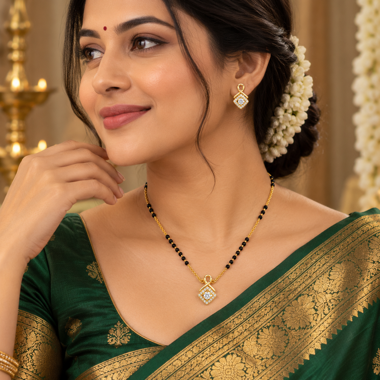 Gold Plated Knot Mangalsutra with CZ Drop Pendant & Earrings for Women 925 Sterling Silver