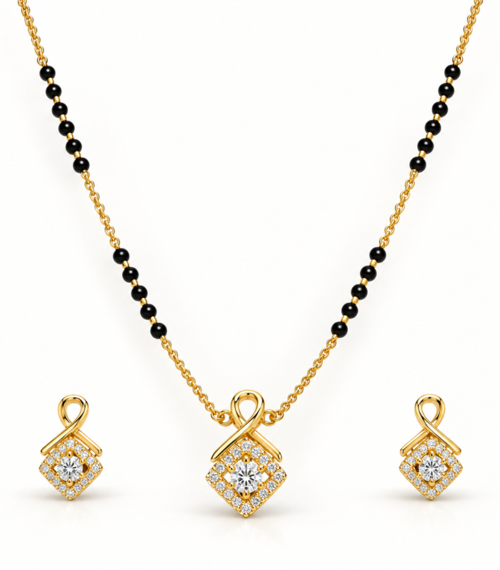 Gold Plated Knot Mangalsutra with CZ Drop Pendant & Earrings for Women 925 Sterling Silver