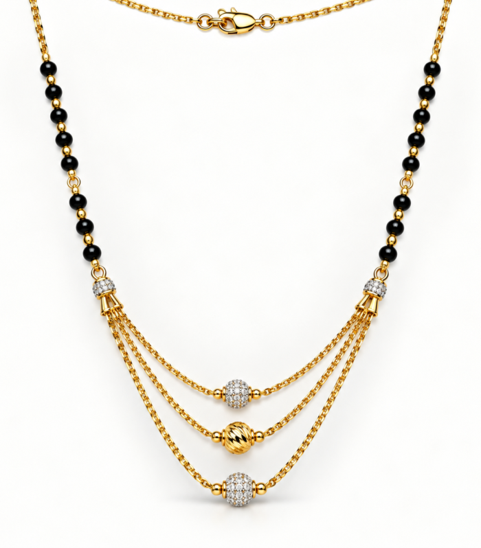 Gold Plated Triple Layered Black Beaded Mangalsutra 925 Sterling Silver