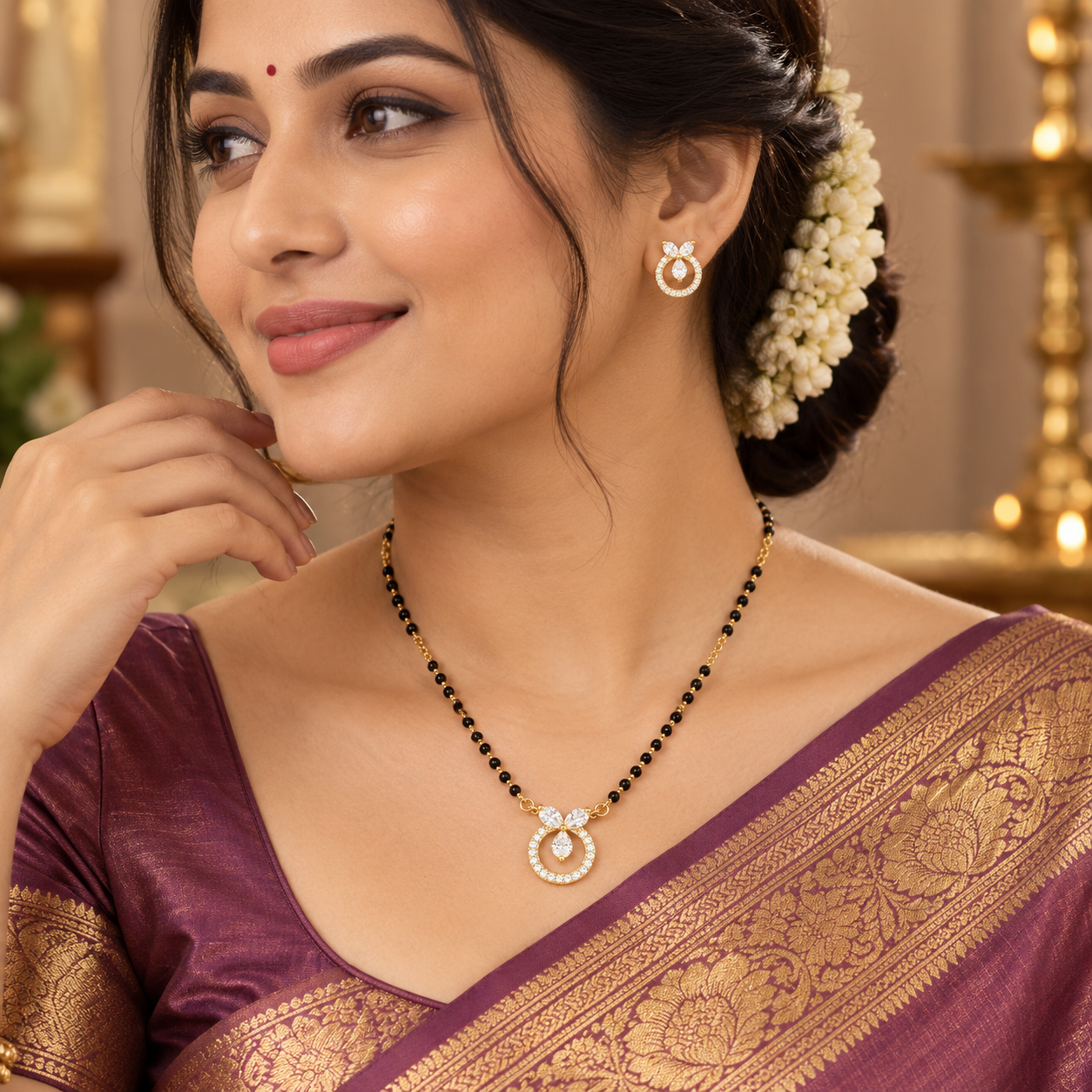 Silver Gold Plated Teardrop Mangalsutra with Matching Earrings for Women