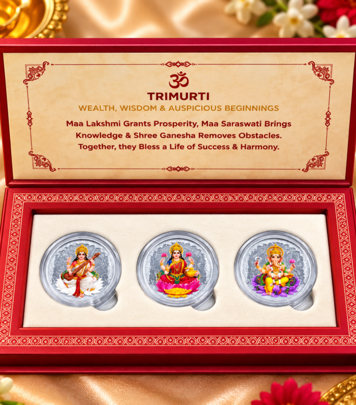 Maa Lakshmi, Maa Saraswati & Shree Ganesha 999 Three Grams Coin Set